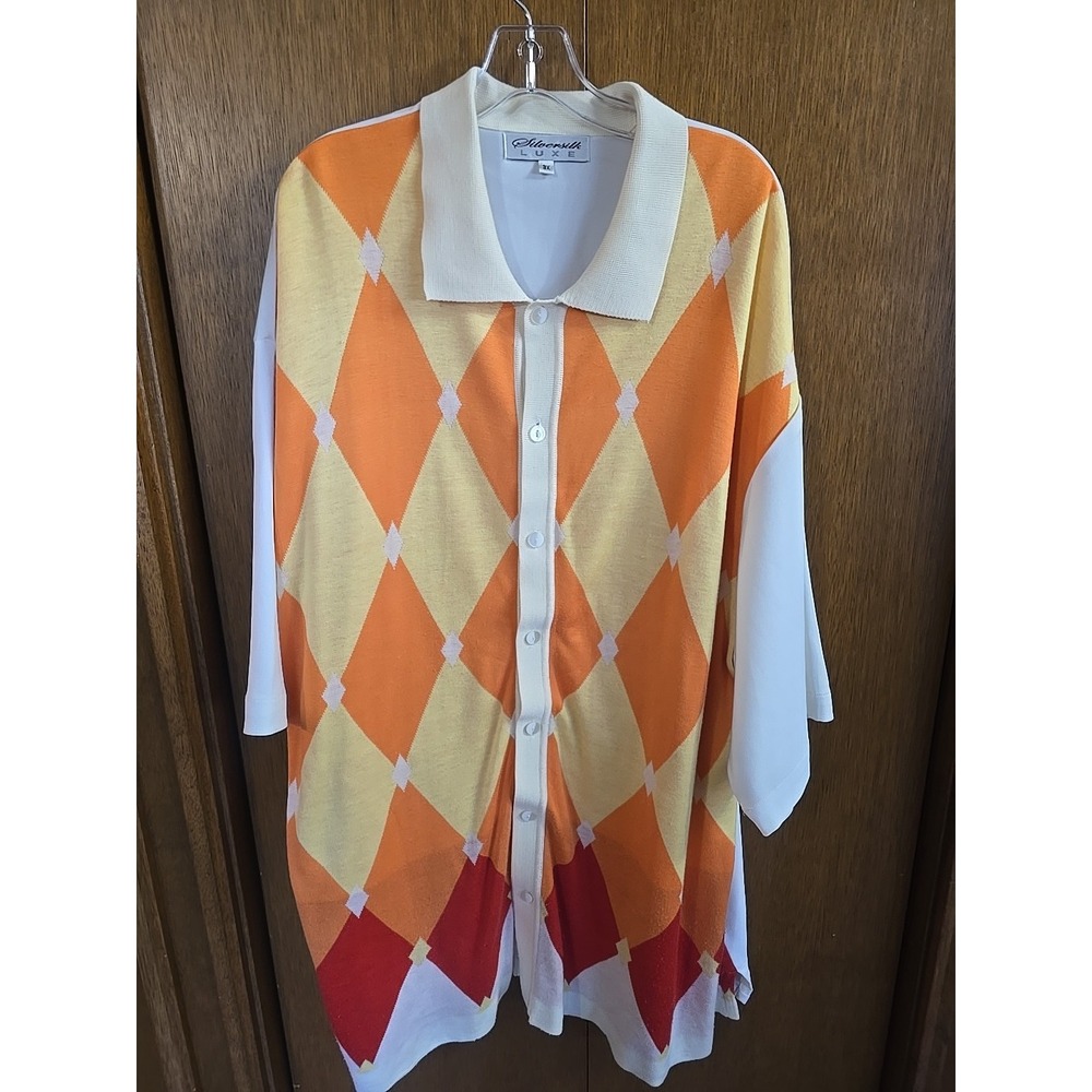 Silversilk Luxe Shirt Mens Large Geometric ‎ Knit Walking Suit Top Art